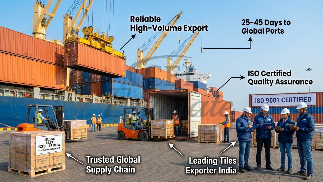 Containers loaded with premium tiles from leading Indian exporters at Mundra Port