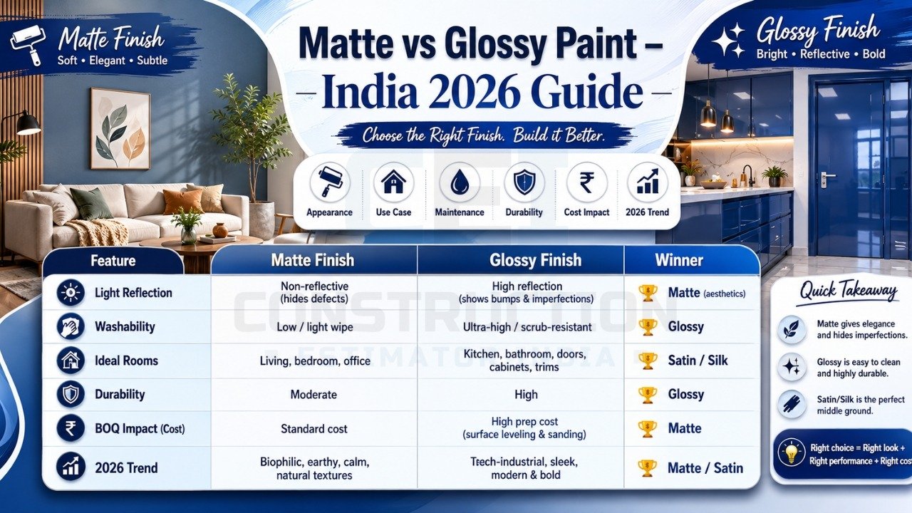 Matte vs glossy paint comparison India 2026 showing finish, durability, cost, and best use