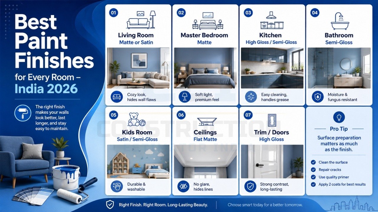 Best paint finishes for every room India 2026 with matte, satin, and gloss recommendations