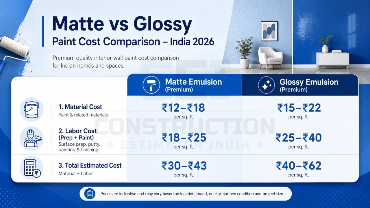 Matte vs glossy paint cost comparison India 2026 showing material, labor, and total cost per sq ft