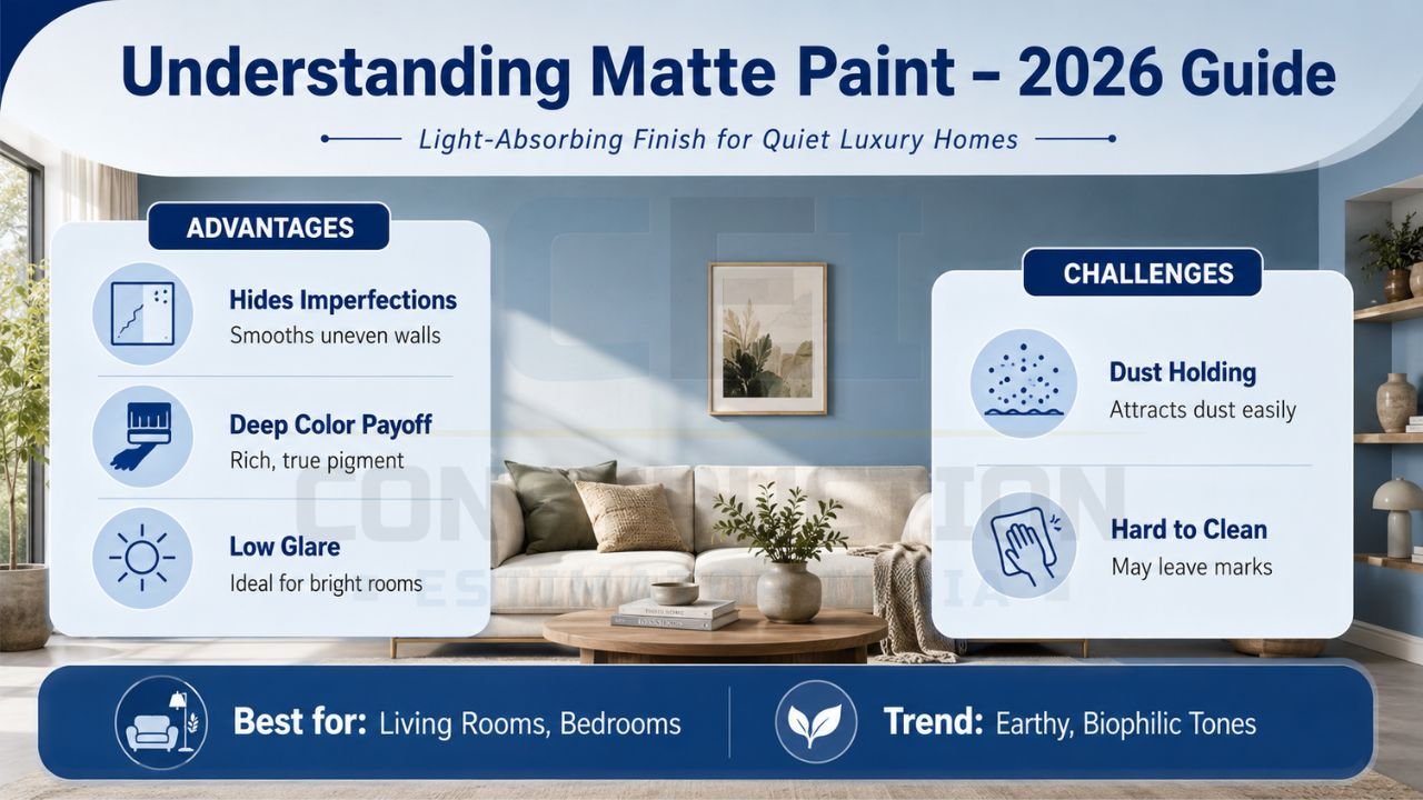 Matte paint advantages and challenges infographic for modern home interiors