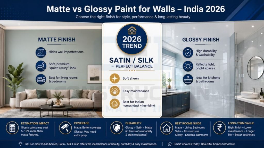 Comparison infographic showing matte, satin, and glossy wall paint finishes for Indian homes