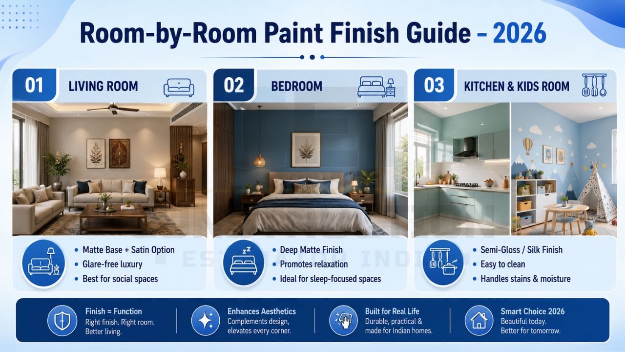 Interior design infographic recommending ideal paint finishes for living rooms, bedrooms, kitchens, and kids rooms