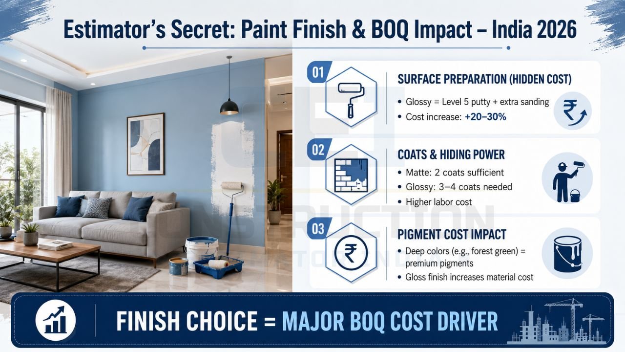 Construction estimating infographic showing how paint finish selection impacts BOQ costs and labor