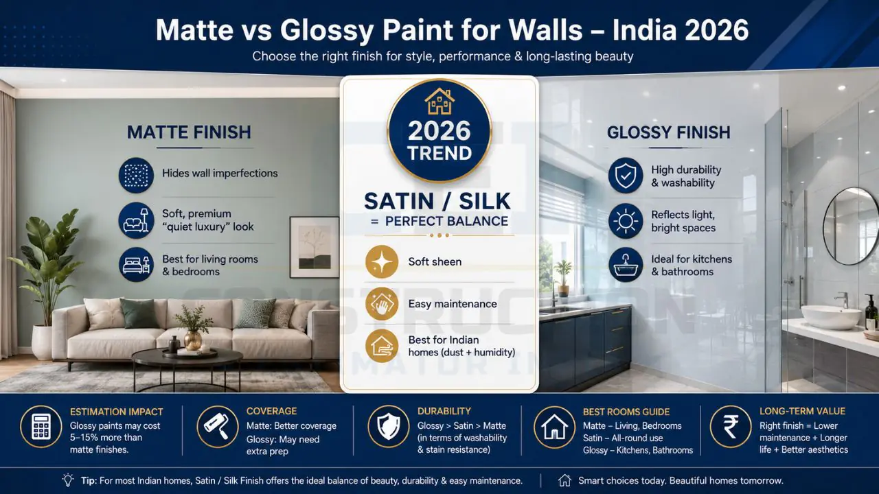 Comparison infographic showing matte, satin, and glossy wall paint finishes for Indian homes