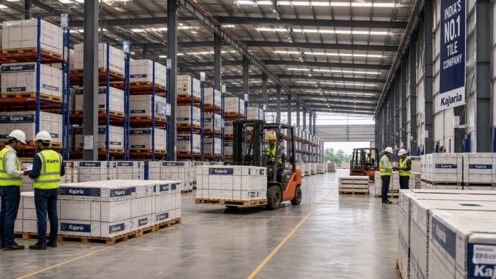 Ceramic tile warehouse in India showing pallet storage forklift handling and bulk tile inventory for export orders and minimum order quantity supply