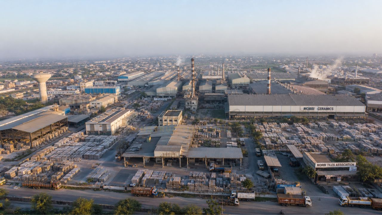 Aerial view of Morbi ceramic cluster in India showing tile factories, warehouses, and large-scale production for export