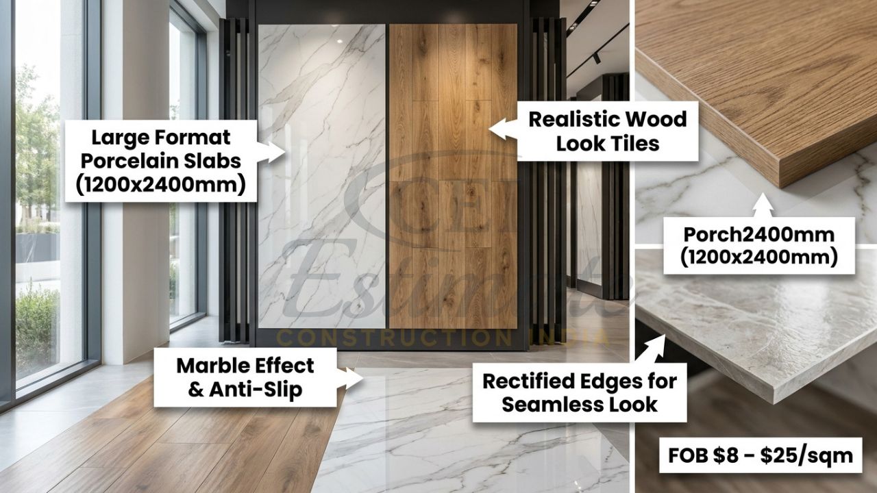 High-end large format porcelain slabs and realistic wood look tiles from Morbi India