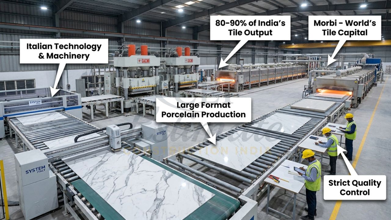 State-of-the-art Italian machinery producing high-quality porcelain tiles in Morbi Gujarat