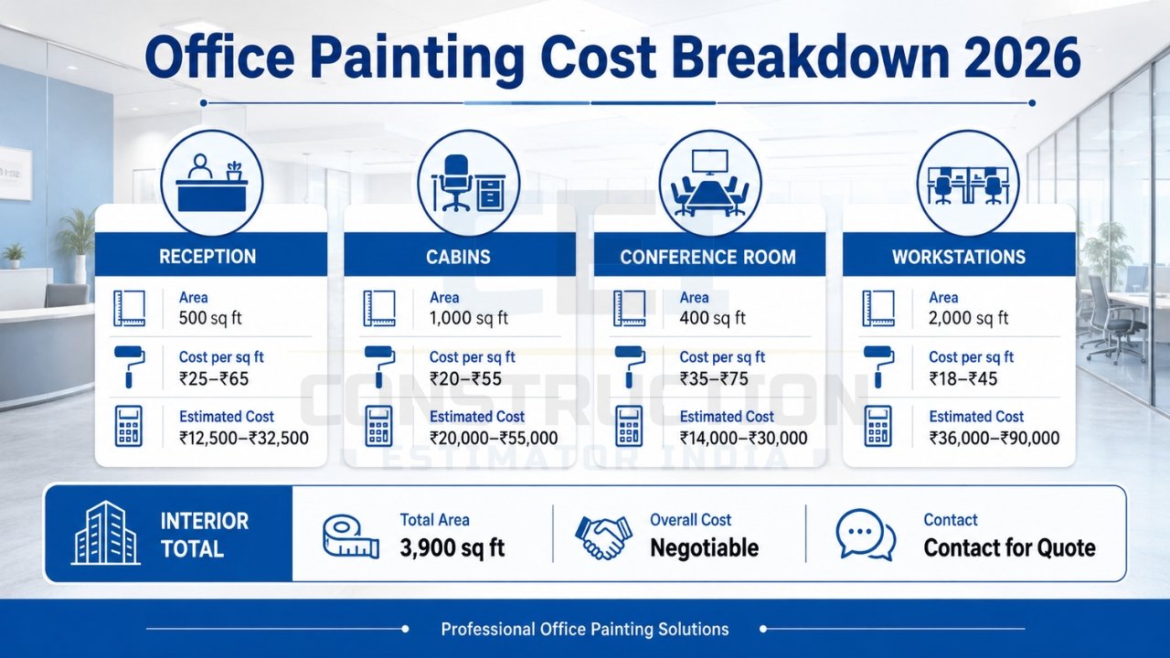 Office painting cost breakdown India 2026 showing reception, cabins, conference room, and workstation costs per sq ft with total estimate