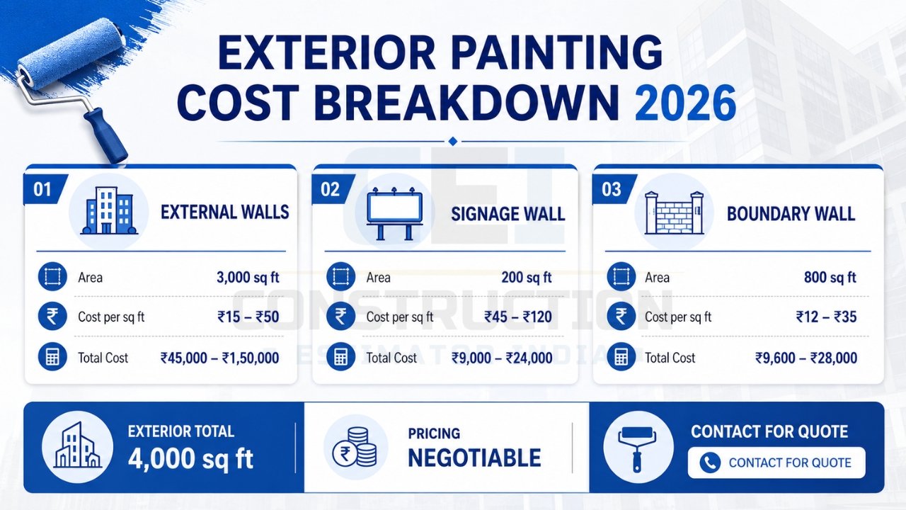 Exterior painting cost breakdown India 2026 showing external walls, signage wall, and boundary wall costs per sq ft with total estimate