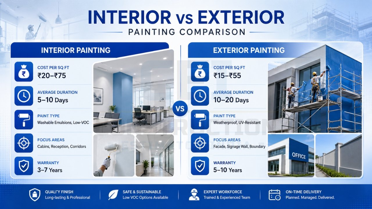 Interior vs exterior painting comparison India 2026 showing cost per sq ft, duration, paint types, focus areas, and warranty differences