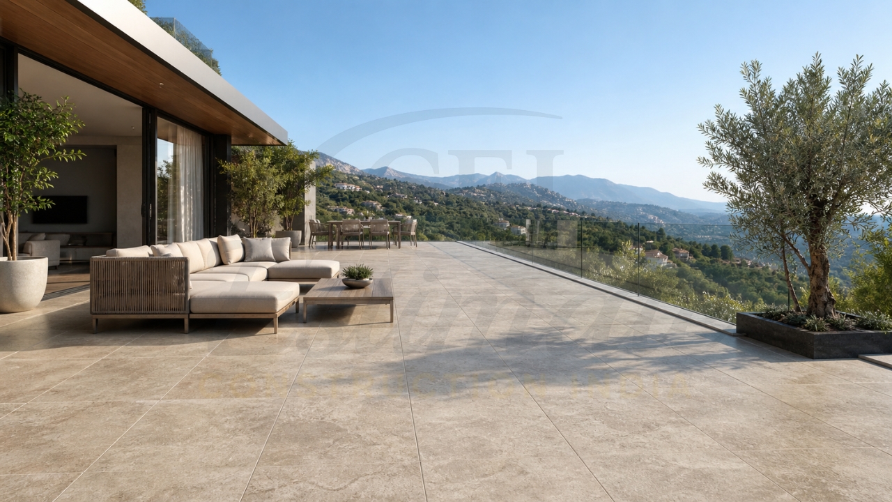 Anti-slip outdoor porcelain tiles installed on luxury villa terrace