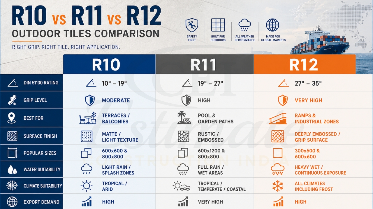 Infographic comparing R10, R11, and R12 outdoor tiles based on slip resistance, grip level, applications, surface finish, and weather suitability.
