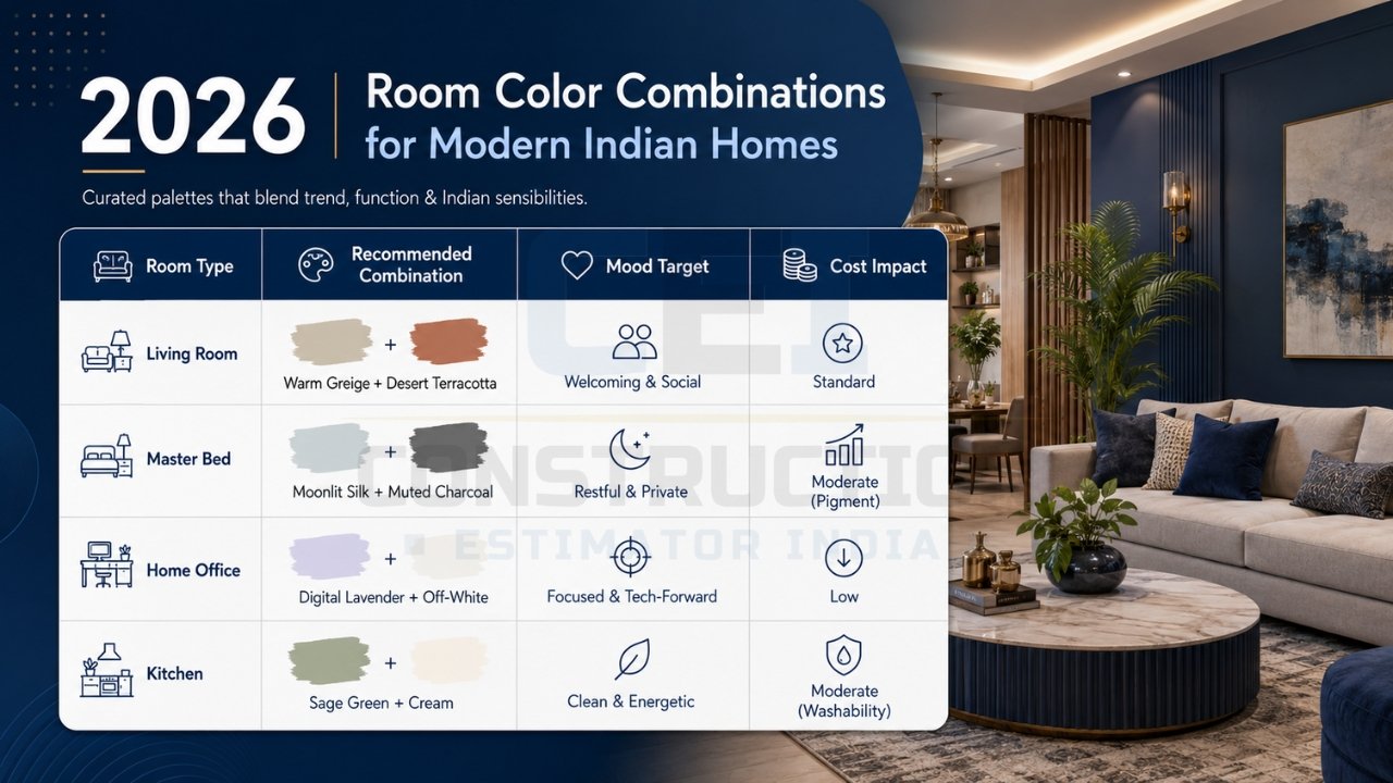 Room color combinations for modern Indian homes 2026 showing living room, bedroom, home office, and kitchen palettes with mood and cost impact