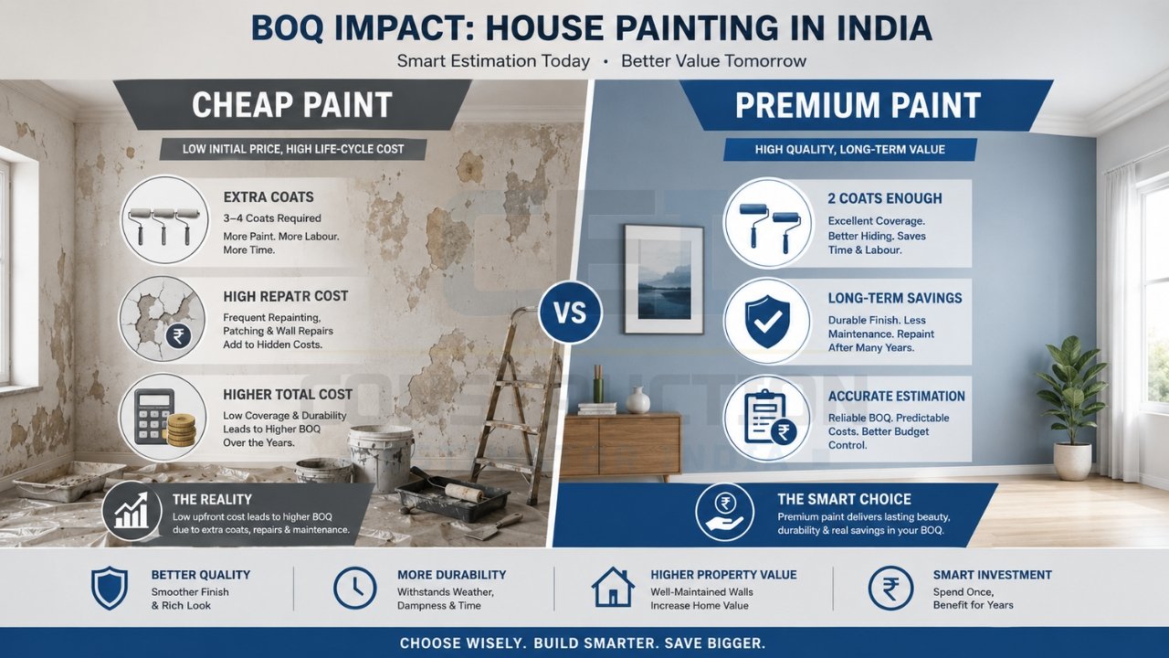 Cheap vs premium paint BOQ impact India showing cost, durability, extra coats, and long-term savings comparison