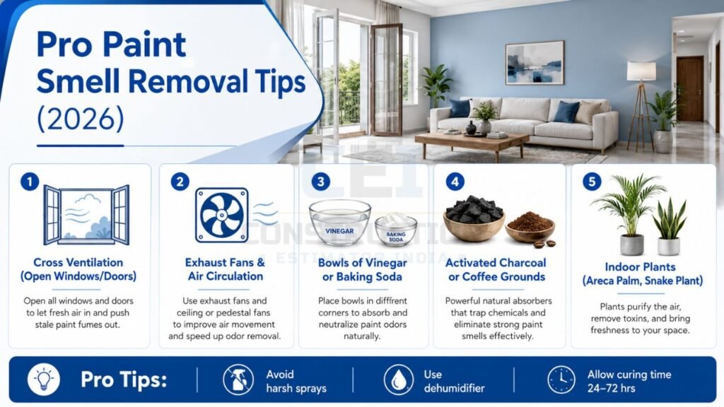 Infographic showing professional paint smell removal tips using ventilation, vinegar, charcoal, baking soda, and indoor plants