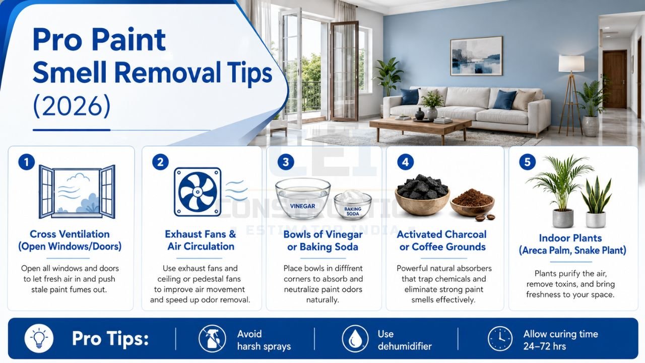 Infographic showing professional paint smell removal tips using ventilation, vinegar, charcoal, baking soda, and indoor plants
