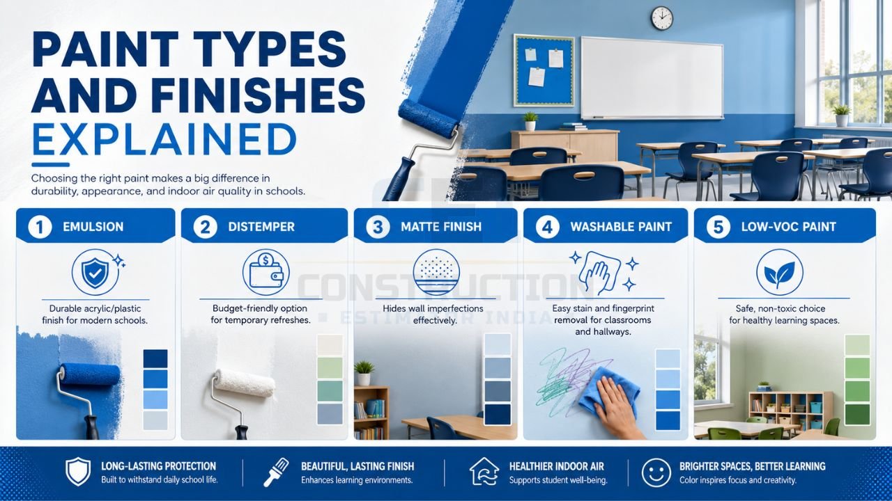 School paint types and finishes explained including emulsion paint, distemper, matte finish, washable paint, and low VOC paint for classrooms and educational buildings