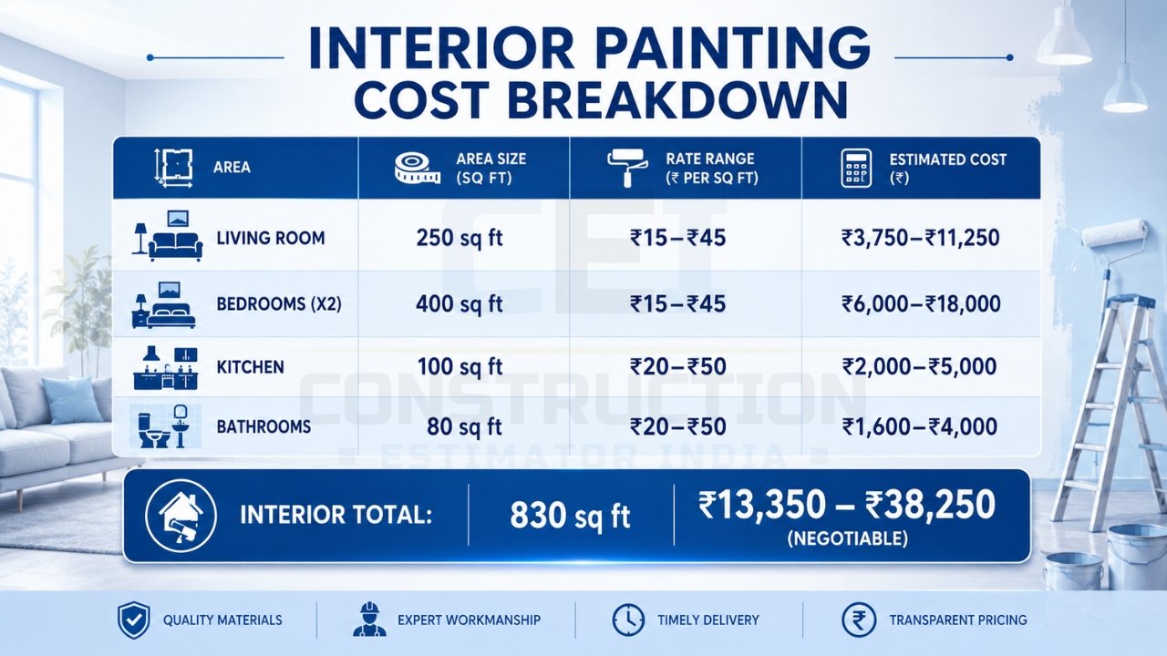 Interior painting cost breakdown infographic showing room-wise area, rate per sq ft, and total estimated cost