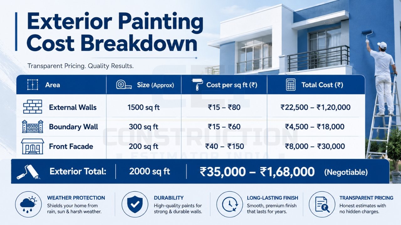 Exterior painting cost breakdown infographic showing external walls, boundary wall, facade costs, and total estimated price