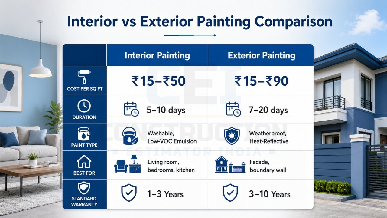 Interior vs exterior painting comparison chart showing cost per sq ft, duration, paint types, usage areas, and warranty differences