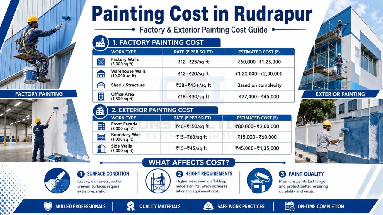 Painting cost in Rudrapur showing factory painting, warehouse painting, exterior wall painting, and commercial painting cost estimates for 2026