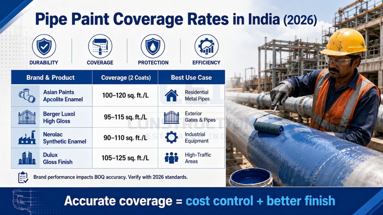 Industrial pipe paint coverage comparison chart for Asian Paints, Berger, Nerolac, and Dulux in India 2026