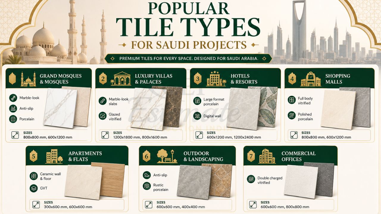 Popular tile types for Saudi Arabia projects including porcelain, vitrified, marble-look, and ceramic tiles for villas, mosques, malls, and commercial buildings