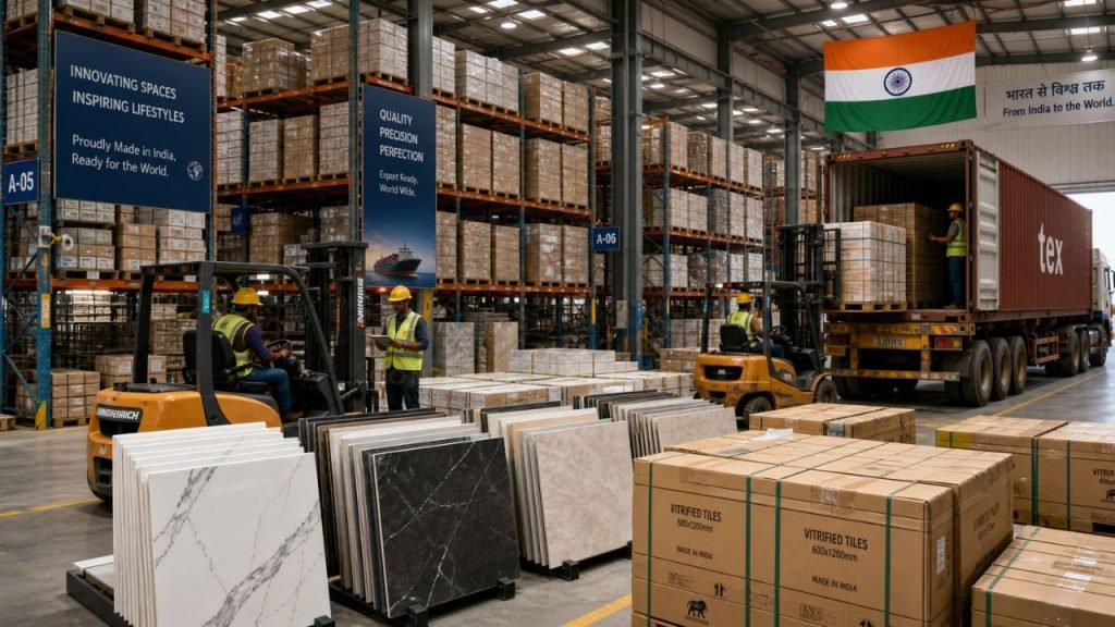 Porcelain and ceramic tiles warehouse in India with forklift loading containers for export to UK and international markets