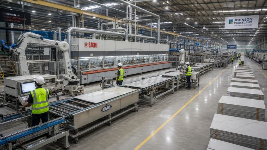 Porcelain tiles manufacturing plant in India with automated SACMI production line and large-scale ceramic tile processing for export