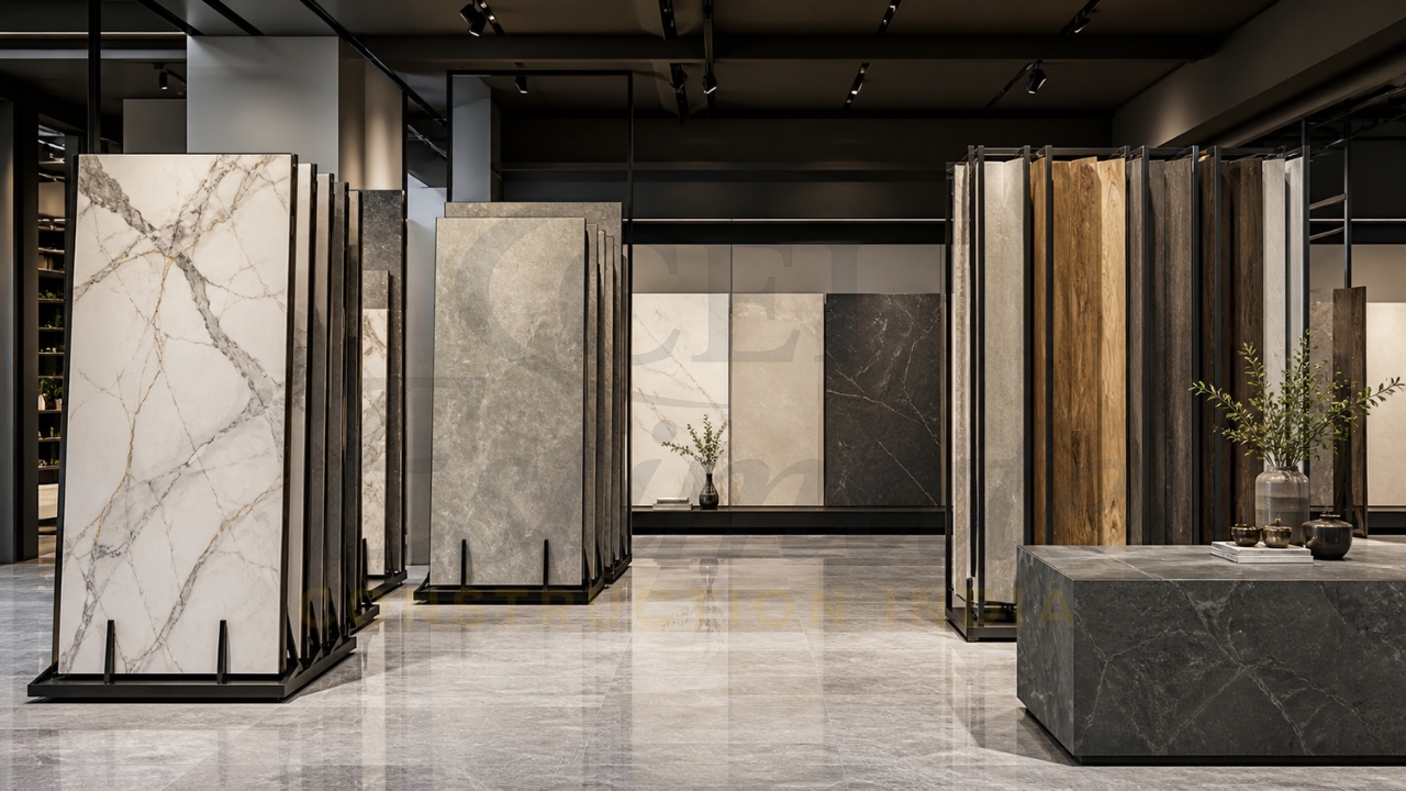 Large-format porcelain tile samples from Morbi India manufacturers – marble-look, concrete, wood-look 2026