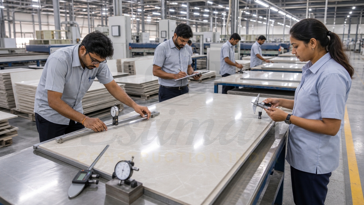 Quality control inspection at Morbi porcelain tile factory – flatness and rectification measurement before export