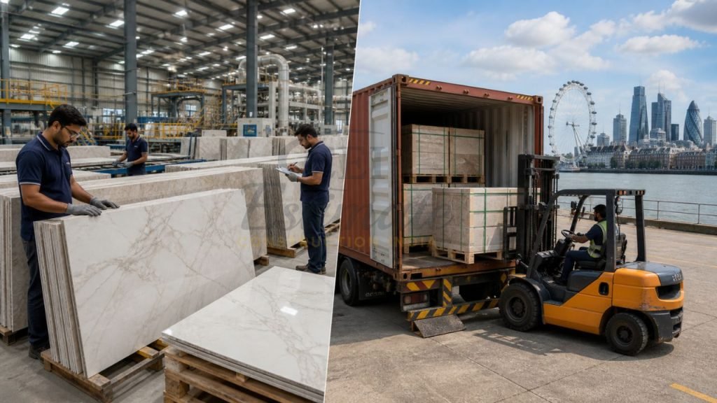 Porcelain tiles manufacturing in India and export loading to UK with workers inspecting slabs and forklift loading containers at port