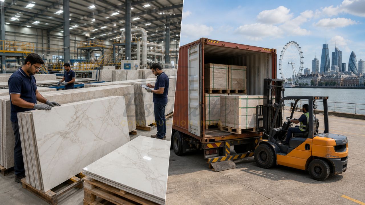 Porcelain tiles manufacturing in India and export loading to UK with workers inspecting slabs and forklift loading containers at port