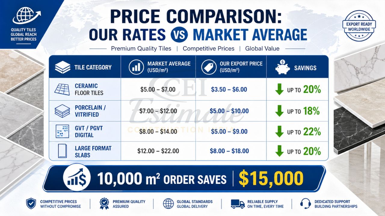 ceramic tiles price comparison India export vs market average savings per square meter wholesale tile pricing