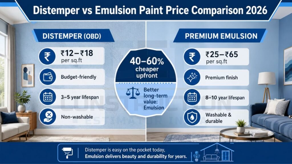 Price comparison chart showing distemper paint and premium emulsion paint costs per square foot