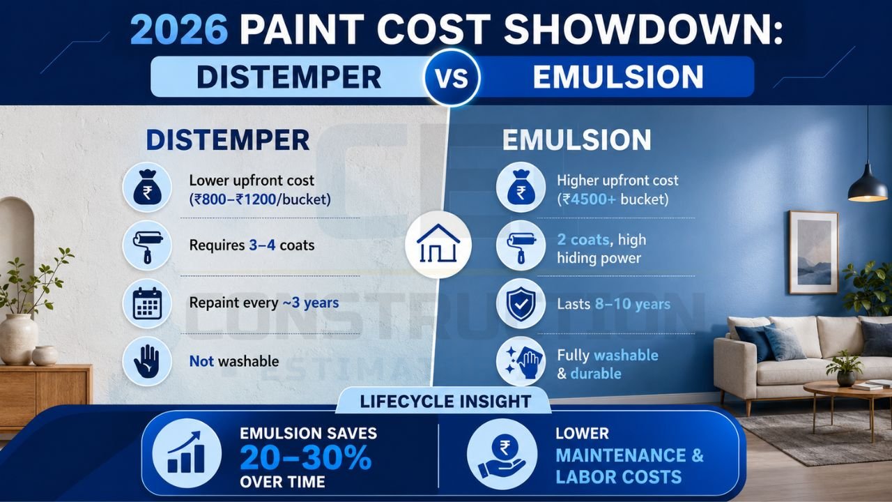 Paint cost comparison infographic showing lifecycle cost differences between distemper and emulsion paint