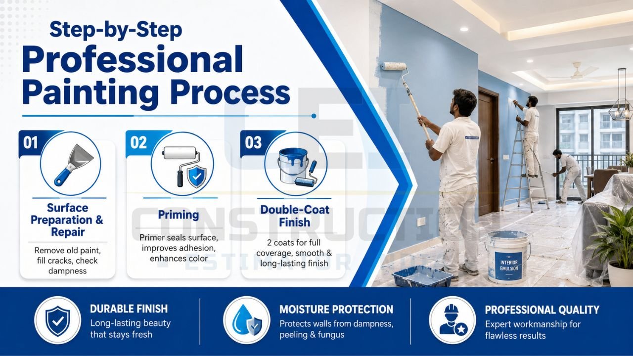Step-by-step professional wall painting process including surface preparation, priming, double-coat finish, moisture protection, and durable interior painting services.