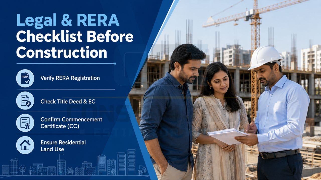 Legal and RERA verification checklist showing RERA registration, title deed review, encumbrance certificate verification, commencement certificate, and land-use approval checks.