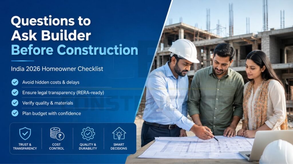 Homeowner meeting with a builder discussing project costs, material quality, legal compliance, construction timeline, and contract transparency before construction begins.