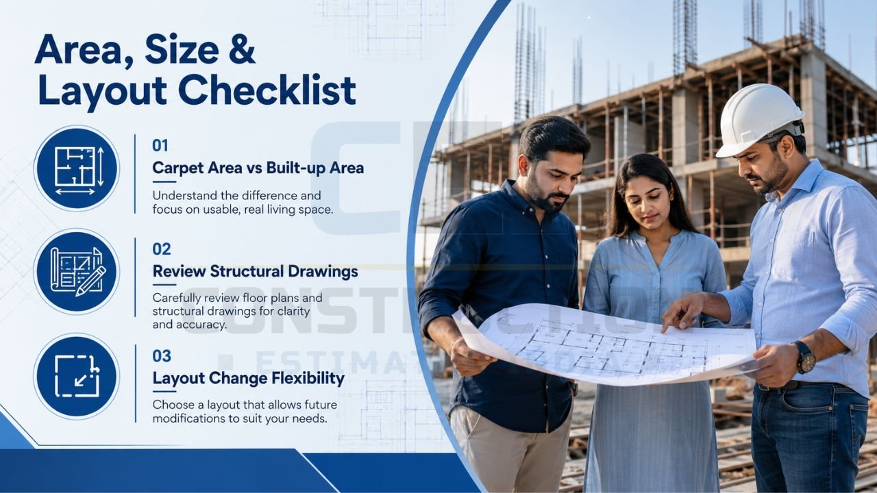 House layout planning checklist highlighting carpet area, built-up area comparison, structural drawing review, and future layout flexibility considerations.