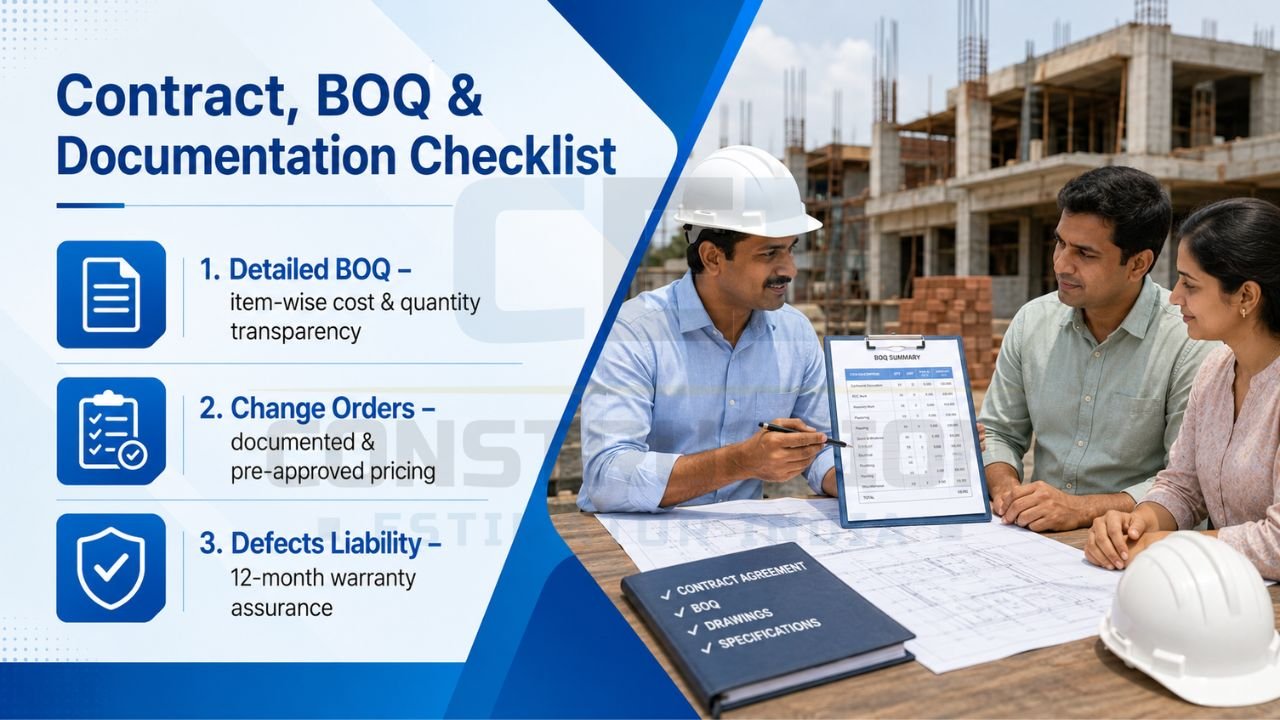 Construction contract and BOQ documentation checklist showing detailed BOQ review, change order management, warranty terms, and project documentation verification.