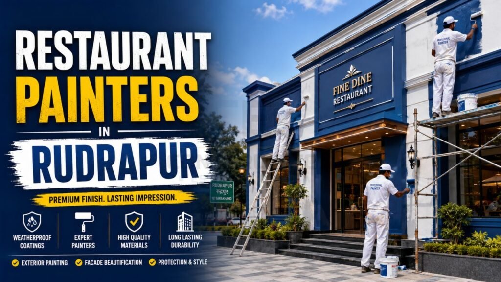 Professional restaurant painters painting exterior walls and façade of a restaurant building in Rudrapur, Uttarakhand