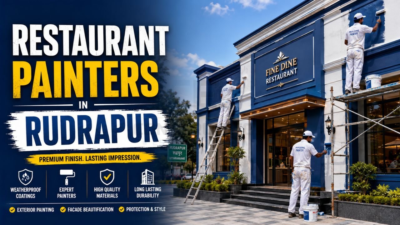 Professional restaurant painters painting exterior walls and façade of a restaurant building in Rudrapur, Uttarakhand