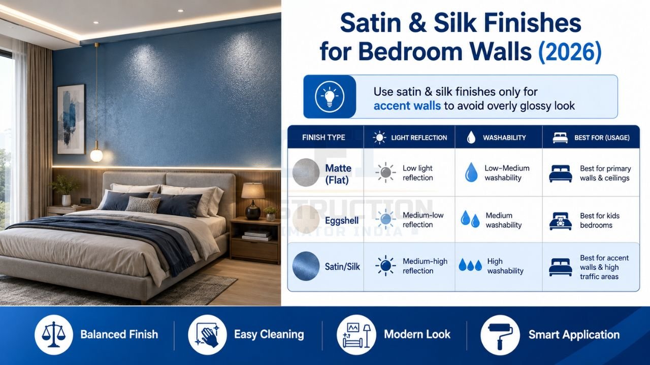 Satin and silk finish bedroom wall paint comparison with matte and eggshell finishes for modern Indian homes