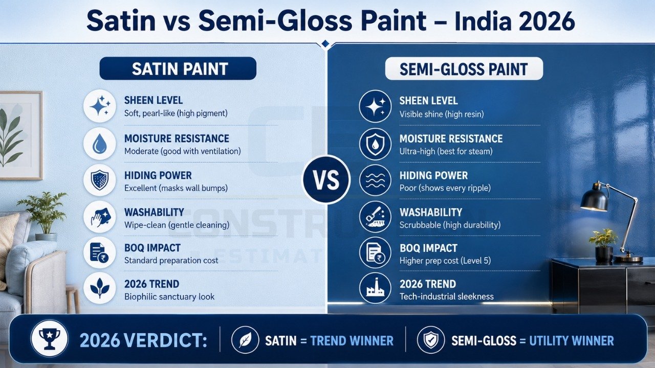 Satin vs semi-gloss paint comparison India 2026 showing sheen, durability, washability, and moisture resistance