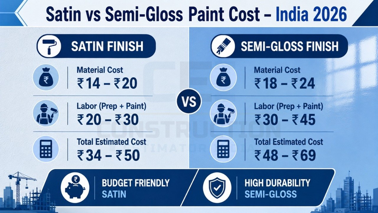 Satin vs semi-gloss paint cost comparison India 2026 showing material, labor, and total cost per sq ft