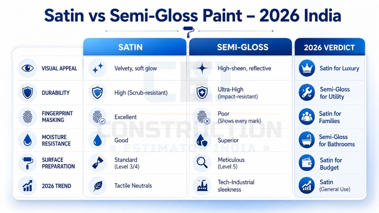 Satin vs semi-gloss paint comparison 2026 India showing durability, appearance, and best use cases