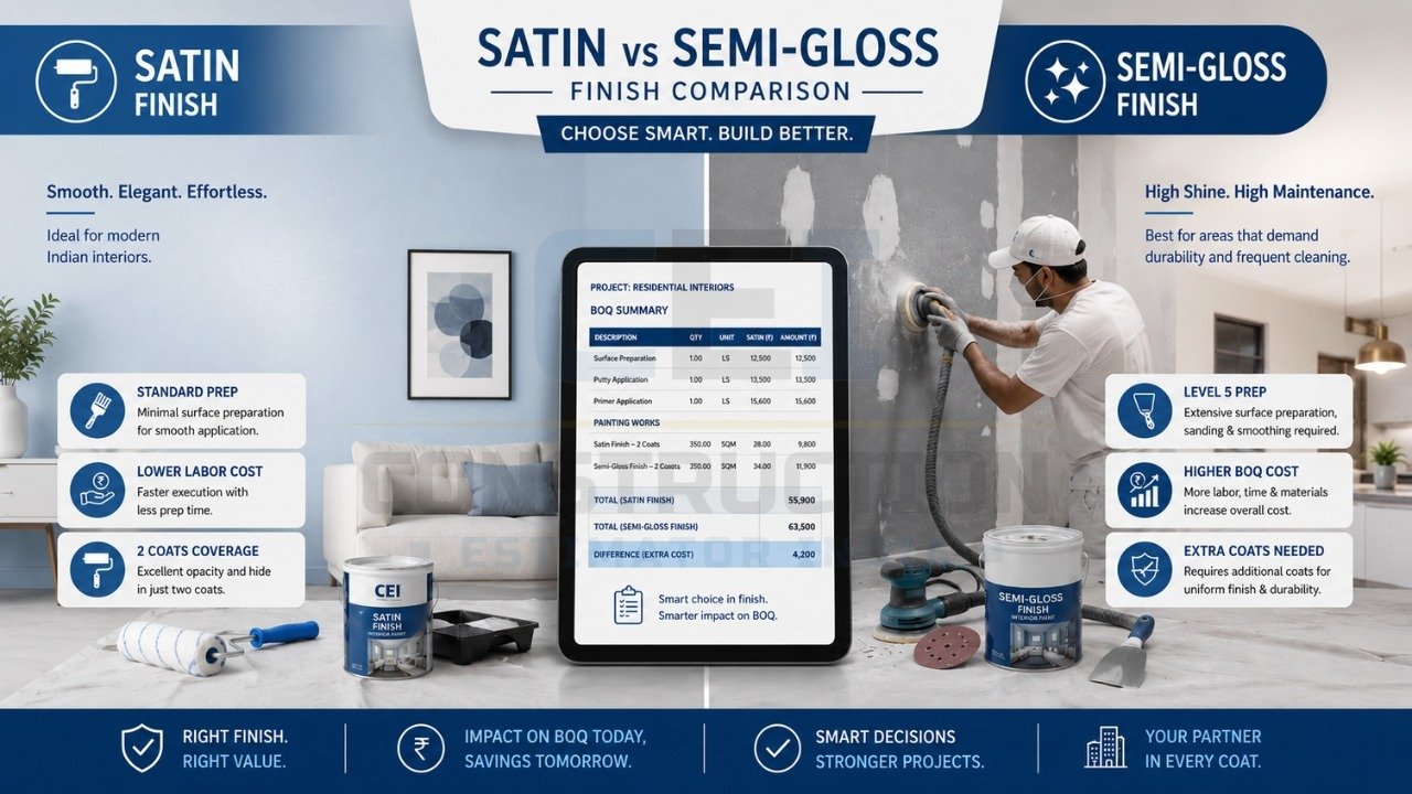 Satin vs semi-gloss paint finish comparison showing prep, cost, durability, and ideal usage